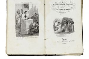 fotografia otwartej książki z tekstem i czarnobiałymi ilustracjami