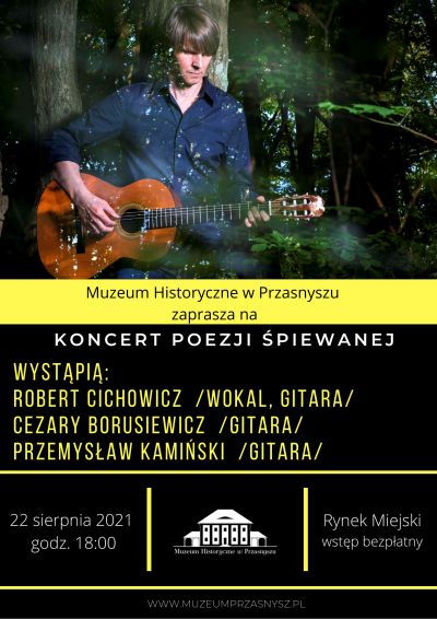 Plakat z treścią oraz zdjęciem wykonawcy z gitarą