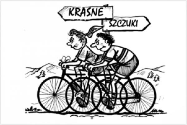 rysunek osób jadących na rowerach