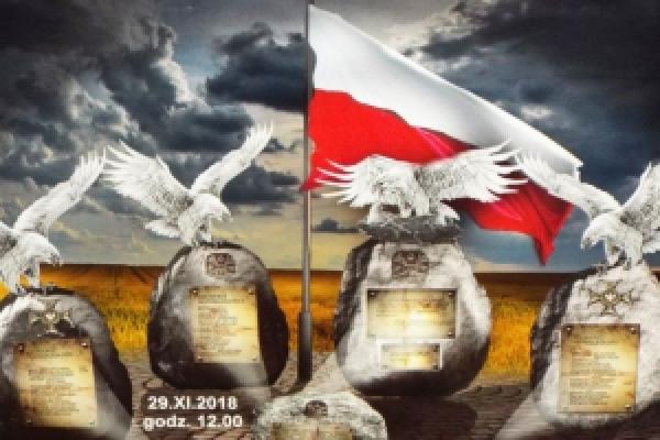 4 pomniki w kształcie orłów, flaga Polski