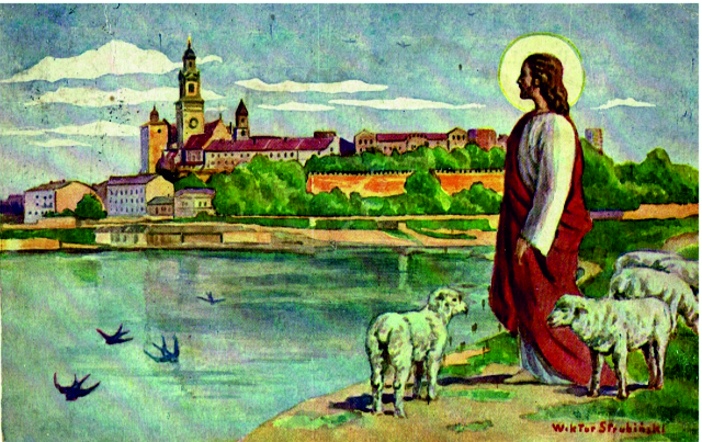 Wielkanocna karta świąteczna z Jezusem i barankiem, w tle krajobraz