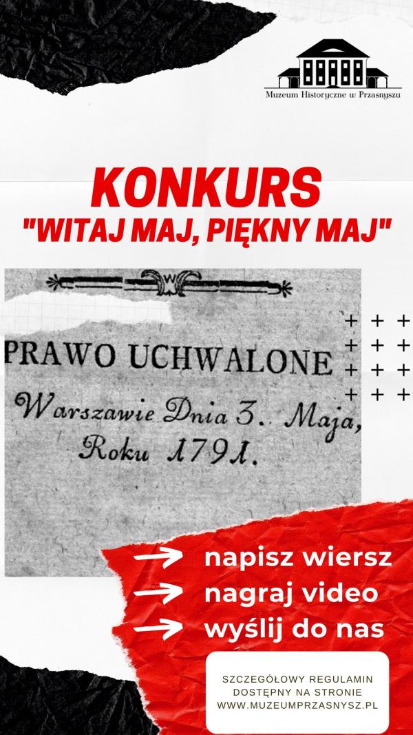 plakat konkursu w tonacji biało-czerwono-szarej